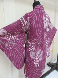 1円 良品 正絹 長羽織 和装コート 縮緬 アンティーク 大正ロマン 絞り 鹿の子 桐 草花 高級 袷 身丈89cm 裄60cm【夢職】★★★