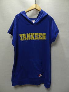 全国送料無料 MLB ヤンキース YANKEES 子供服キッズ女の子 ガールズ 青色Tシャツ素材 半袖 プルオーバーパーカー160