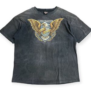 稀少 雰囲気系 HARLEY DAVIDSON 90s USA製 両面プリント ビッグサイズ Tシャツ 鬼フェード 4XL 墨黒 1995コピーライト 袖裾ダブルステッチ