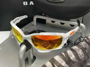 偏光★OAKLEYオークリー RACING JACKETレーシングジャケット WhiteText白ホワイト柄/FIRE POLARIZEDミラー ケース/予備レンズ付 サングラス