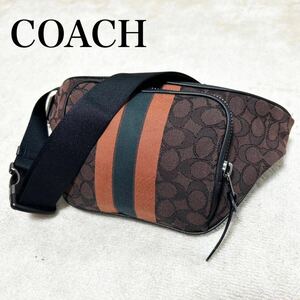 【極美品】COACH コーチ ボディバッグ ウエストポーチ クロスボディショルダーバッグ シグネチャー ヘリテージ ストライプ レザー シボ革