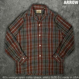 ARROW 60s ビンテージ USA製 オープンカラー チェック シャツ アロー 40s 50s 70s 長袖シャツ