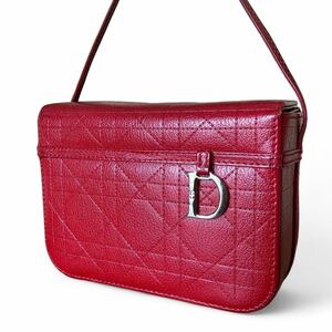 1円〜◆美品 Christian Dior クリスチャンディオール バニティ ハンドバッグ ポーチ レディディオール カナージュ D金具 レザー レッド