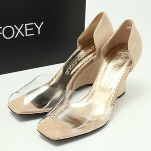 GQ0514*未使用《FOXEY フォクシー》クリアパンプス スエードレザー オープントゥ ウエッジソール サンダル 35(22.5cm相当) ベージュ系