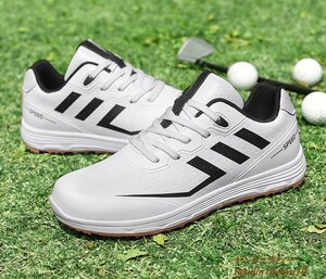 新品セール◆ゴルフシューズ Golf shoes メンズ スニーカー 運動靴スポーツシューズ 紳士 グラデーション幅広 防滑 撥水 耐磨 白/黒 25.5cm