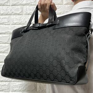 人気モデル/A4収納◎ グッチ 《王者の風格》GUCCI メンズ ビジネス トートバッグ 大容量 GG柄 総柄 キャンバス 本革 レザー 黒 ブラック