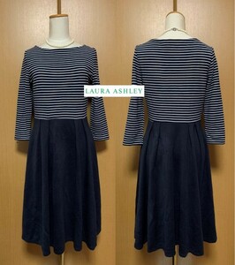 LAURA ASHLEY【ローラアシュレイ】ネイビー ストライプ フレアー ワンピース 9号 （UK10 EUR36 USA6）