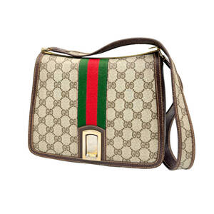 1円 美品 GUCCI オールドグッチ GG柄 シェリーライン ショルダーバッグ ブラウン PVC レザー ゴールド金具 A0272