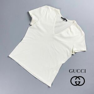 GUCCI グッチ Vネック 半袖カットソー Tシャツ 無地 トップス レディース 白 ホワイト サイズS*PC363