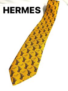 HERMES エルメス ネクタイ イエロー系　アニマル 絵柄　送料185円（追跡付）〜　ブランドネクタイ