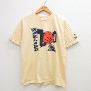 M/古着 アディダス adidas 半袖 ビンテージ Tシャツ メンズ 90s オークランド バスケットボール コットン クルーネック 薄黄 イエロー