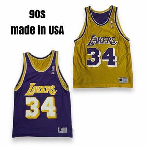 激レア 90s Champion チャンピオン NBA ロサンゼルス・レイカーズ ユニフォーム シャキール・オニール イエロー×パープル USA製 44