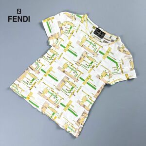 美品 FENDI jeans フェンディ イタリア製 総柄 シースルー 半袖Tシャツ トップス レディース 白系 サイズS*MC456