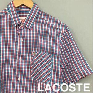 【美品】【新品同様品】ラコステ LACOSTE 半袖 シャツ チェック柄 ピンク ブルー ロゴ 刺繍 緑ワニ レディース 38サイズ ～★