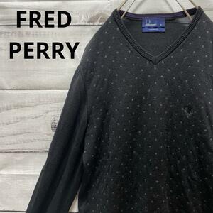 FRED PERRY ドット柄セーター Vネック ロゴ刺繍 黒 人気 定番 M