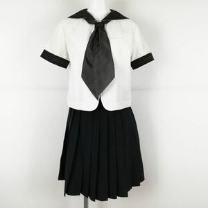 1円 セーラー服 スカート 上下3点セット L オリーブデオリーブ 夏物 茶2本線 広島修道大学附属鈴峯女子高校 白 中古 ランクC NA6403