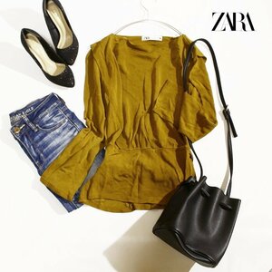 美品 ZARA ザラ 秋 合物 からし色 渋い ジャージ― 長袖 デザイン カットソー M イエロー 黄色 マスタード