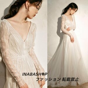 長袖 ウエディングドレス ウェディングドレス Vネック スレンダーライン トレーンドレス ファスナータイプ 披露宴 結婚式 海外挙式ドレス