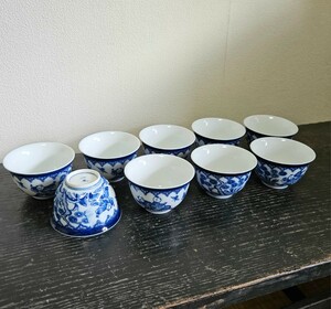 一鳳造 染付 煎茶碗 9客 セット 玉露碗 煎茶器 湯呑み アンティーク レトロ 古民家 童