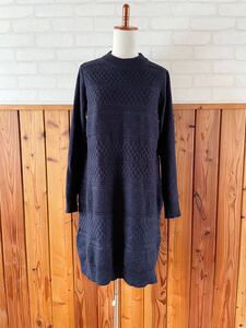 GLOBAL WORK レディース ニット ワンピース Mサイズ 長袖 紺 ネイビー ウール モヘヤ混 モックネック 膝丈スカート knit onepiecedress Y