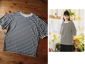 niko and ... ニコアンド コットン天竺3Dスリーブプルオーバー L スモークボーダー バルーンスリーブTシャツ 中古着used