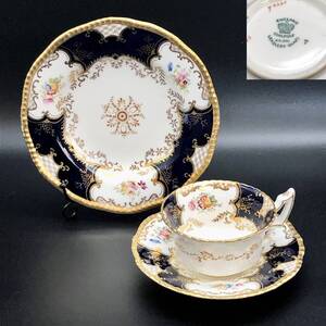 アンティーク　Coalport　コールポート　バットウィング　トリオセット　カップ・ソーサー・ケーキ皿　ハンドペイント　コバルト AX0