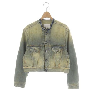 未使用品 メゾンマルジェラ 22SS Dirty Denim Jacket 白タグ デニムジャケット ノーカラー ダメージ加工 38 青 黄色 S31AM0308 レディース