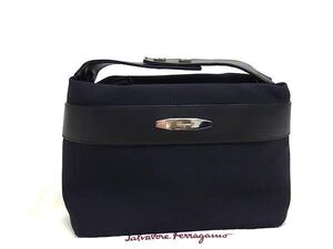 1円 ■極美品■ Salvatore Ferragamo フェラガモ ナイロンキャンバス ハンドバッグ ミニバッグ ポーチ マルチケース ブラック系 FG3689