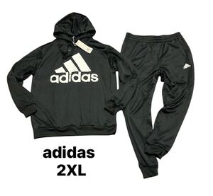 新品 正規品【adidas】アディダス フレンチテリー フード付きトラックスーツ◆ビッグロゴ セットアップ◆2XL◆ブラック 黒◆薄手◆