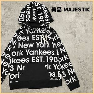 美品 MAJESTIC マジェスティック スウェット トレーナー フード フーディー ニューヨークヤンキース NY 刺繍ロゴ 総柄 サイズM 玉FL2251