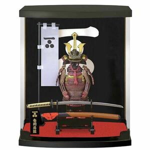 未使用品 ★ 戦国武将 フィギュア 毛利元就 ケース付き 家紋 鎧 兜コレクション グッズ 兜 刀 刀掛台 旗指物 幟旗 戦国時代 武将