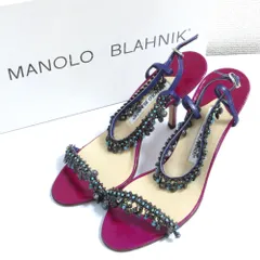 美品 MANOLO BLAHNIK マノロブラニク ビーズ ストラップ ハイヒール ピンヒールサンダル 36 23cm相当 パープル ライトブルー レディース 古着 中古 USED