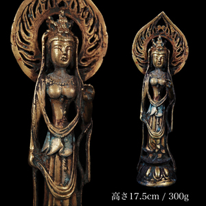 ◆雅◆ 李朝時代 高麗仏 仏教美術 聖観音像 チベット仏像 高さ17.5cm 時代物 銅製 置物 唐物 /BOA.24.4 [I30.4] PX3