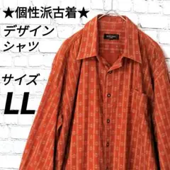 ★個性派古着★ デザインシャツ ヴィンテージ チェック 総柄 レトロ LL