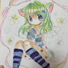 手描きイラスト。大色紙。猫耳の女の子