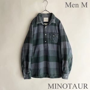 MINOTAUR 日本製 ミノトール ブロックチェック プルオーバー シャツ コットンネル ラグランスリーブ グリーン×グレー size M sk