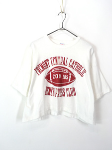 レディース 古着 80s USA製 Champion アメフト クラブ 3段 アーチ プリント ミドル丈 Tシャツ XL 古着