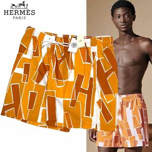 新品 国内正規品 HERMES エルメス デクパージュ・ドゥ・H スイム ショーツ ナイロン ハーフパンツ 水着 セリエ ロゴボタン M オレンジ