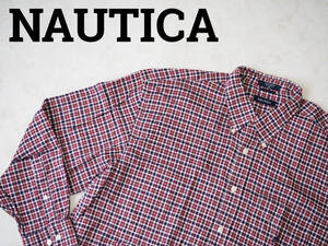 ☆送料無料☆ NAUTICA ノーティカ USA直輸入 古着 長袖 チェック ロゴ 胸ポケット付き ボタンダウン シャツ メンズ XL レッド 中古 即決