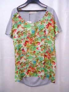 【KCM】ct2-7362300102-12■新品■【ANOTHER BRANCH/アナザーブランチ】花柄切替　半袖カットソー/Tシャツ　グレー　サイズＦ