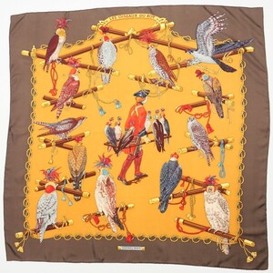 MH1925*HERMES エルメス カレ90《LES OISEAUX DU ROY 王の鳥たち》大判シルクスカーフ ストール バード柄 ブラウン系