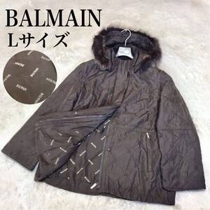 美品 BALMAIN B柄 フォックス ファー シルク キルティングジャケット 大きいサイズ 総柄 ダウンジャケット