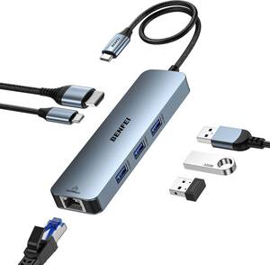 送料無料★BENFEI USB C ハブ 6-in-1 HDMI(4K@60Hz)、ギガビットイーサネット、100W 電源供給、USB 3.0 3個、シリコンケーブル