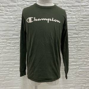 【874】Champion チャンピオン カットソー ロングTシャツ 長袖 グリーン ビッグロゴ Mサイズ コットン 刺繍