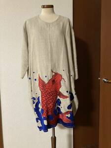 anvai 　のぼり鯉刺繍ワンピース　コクーン型　リネン　体系カバー