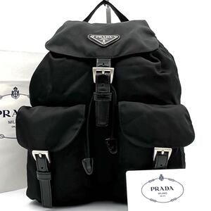 《美品》PRADA プラダ 三角ロゴ Wポケット レザー ナイロン リュック デイパック ブラック