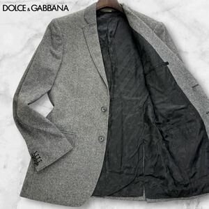 極美品/XL相当◎ドルチェ&ガッバーナ 極艶ツイード DOLCE&GABBANA ドルガバ テーラードジャケット 裏地ロゴ総柄 ウール グレー 50 秋冬