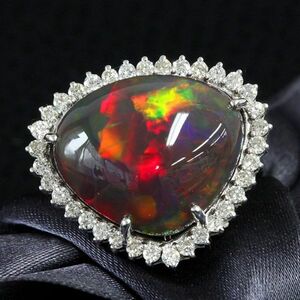 【製造大卸☆最安値】オーロラフラッシュ！16ct 天然 ブラックオパール 天然 ダイヤモンド 18金 K18 WG リング 指輪【鑑別書付】