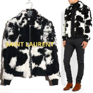 SAINT LAURENT PARIS 国内正規品 19AW ムートンジャケット 44 リアルファー シアリング レザーライダース ホルスタイン柄 FENDI出身