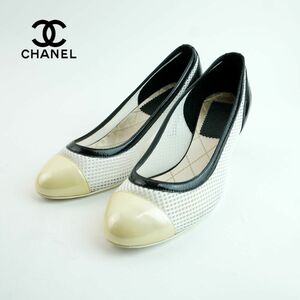 CHANEL シャネル 37 23.5~24.0 パンプス イタリア製 ヒール ラウンドトゥ メッシュ エナメル 白 ホワイト 黒 ブラック 袋付き/MC85